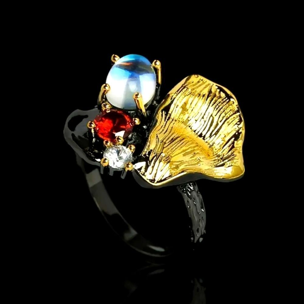 925 Hand crafted Gothic Black Moonstone Zircon Ring unisex